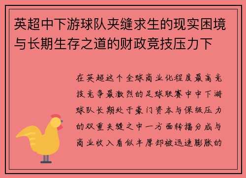 英超中下游球队夹缝求生的现实困境与长期生存之道的财政竞技压力下 英超中下游球队夹缝求生的现实困境与长期生存之道的财政竞技压力下